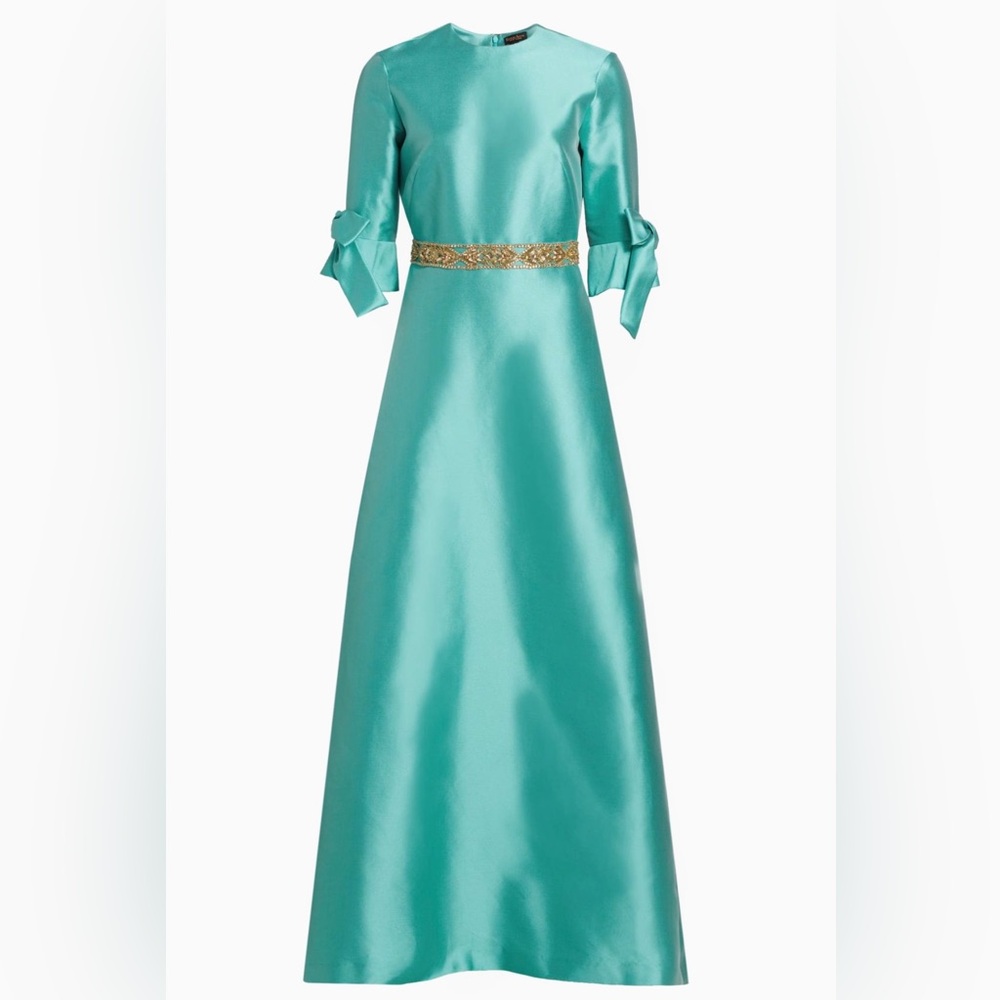 Reem Acra Satin Embellished Bow-Cuff Gown Maxi Dress